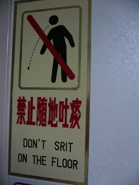 Chinglish bathroom sign that reads "Don't Srit on the floor"