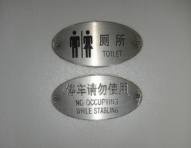 Chinese bathroom sign poorly translated to say "no occupying while stabling"