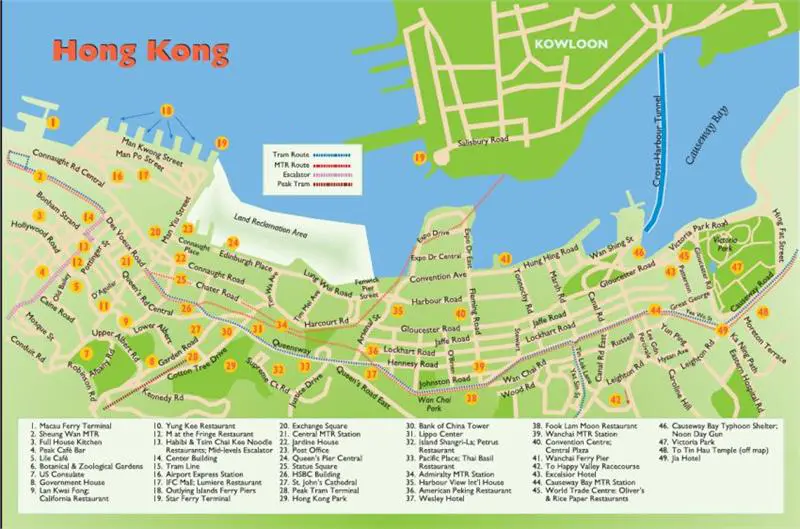 Hong Kong tourist map showing top attractions