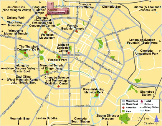 Chengdu, China tourist map showing top attractions