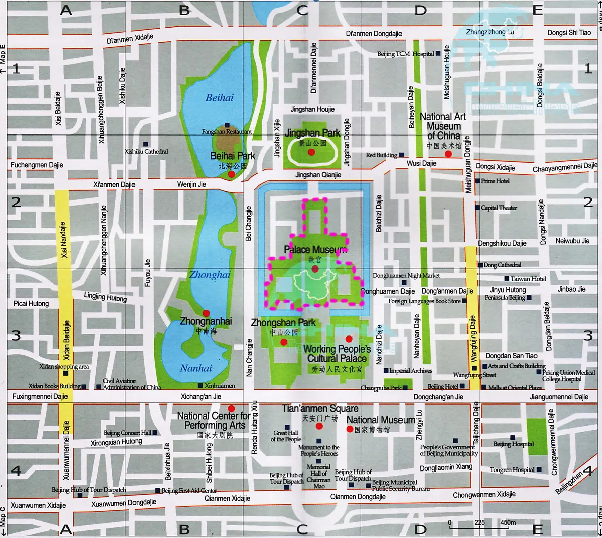Tourist map of Beijing city center (Forbidden City & Tiananmen Square)