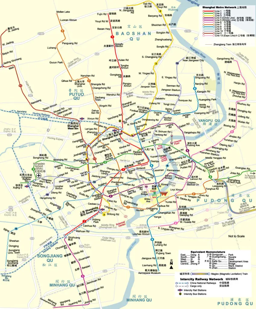 Shanghai metro system route map (overlay physical map)