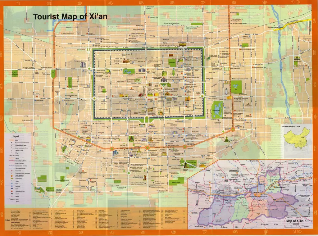 Xian travel map: detailed city street map (tourist highlights)