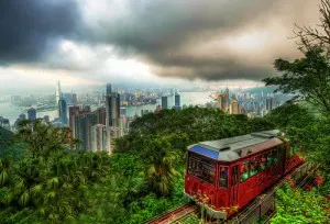 A peak tram in motion in Hong Kong