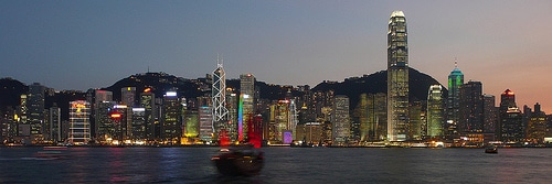 A Hong Kong ferry traveling during the evening