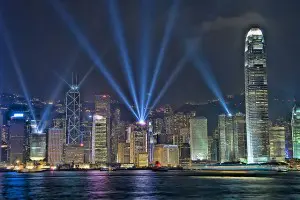 Hong Kong's evening skyline during the symphony of light laser & light show