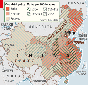A map of China displaying where the One Child Policy was most strict to relaxed