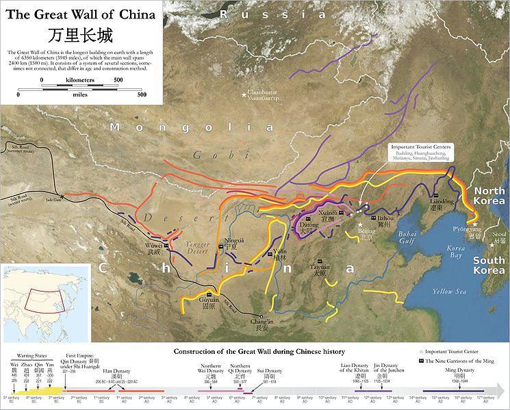 Great Wall of China map: Construction of sections throughout Chinese history