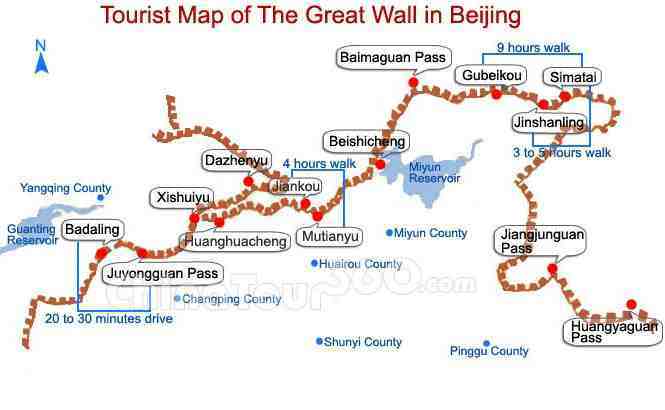 Tourist map of the Great Wall near Beijing, China