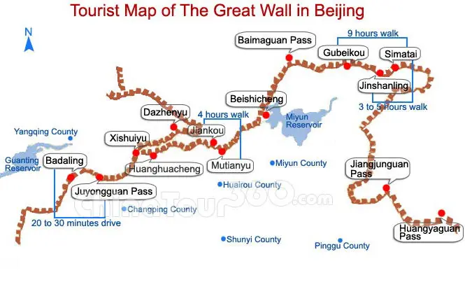 Tourist map of Great Wall of China (showing various sections)