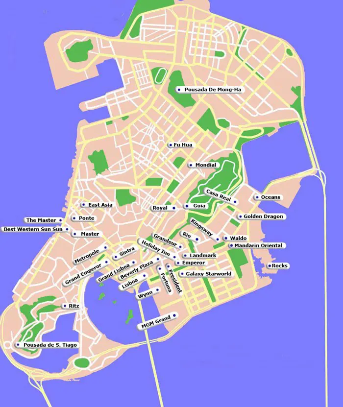 Macau map showing Major hotels