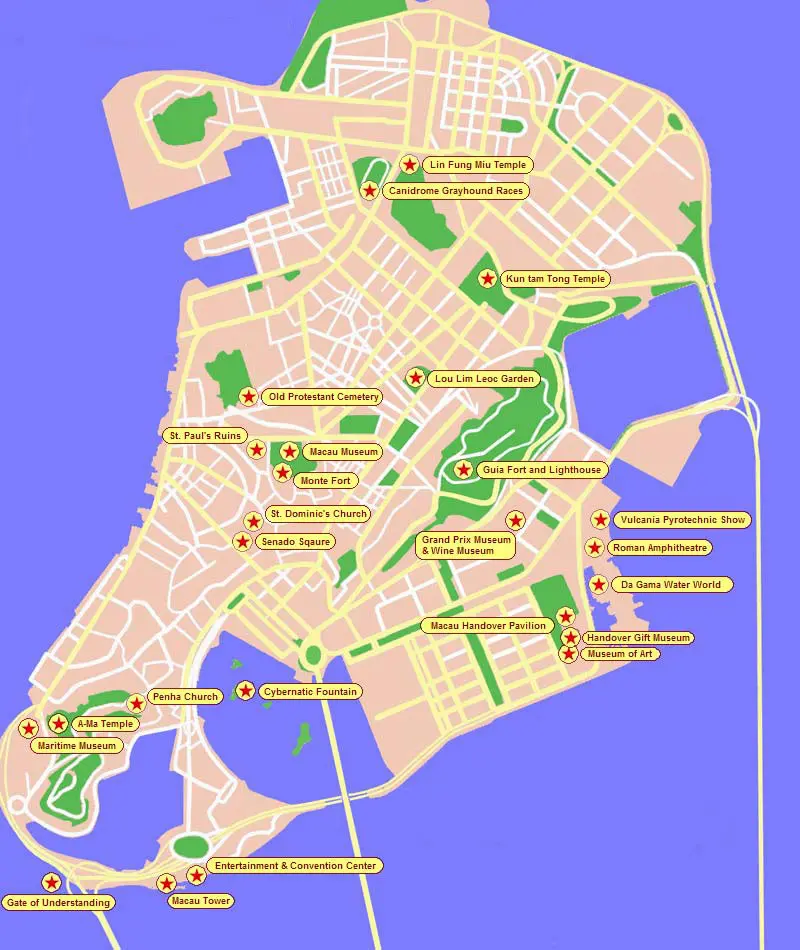 Macau map showing major tourist sites
