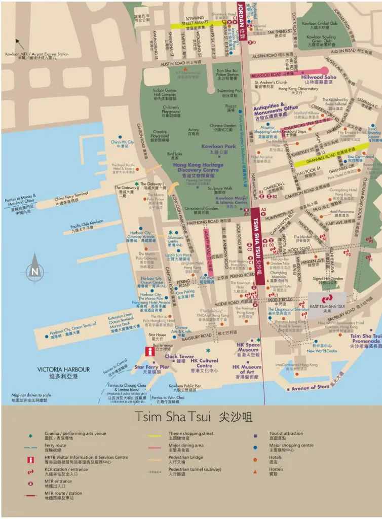 Tsim Sha Tsui tourist map showing top attractions, etc.