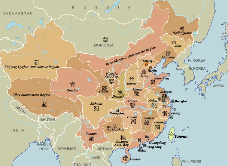 China provinces colored map: outline with regions