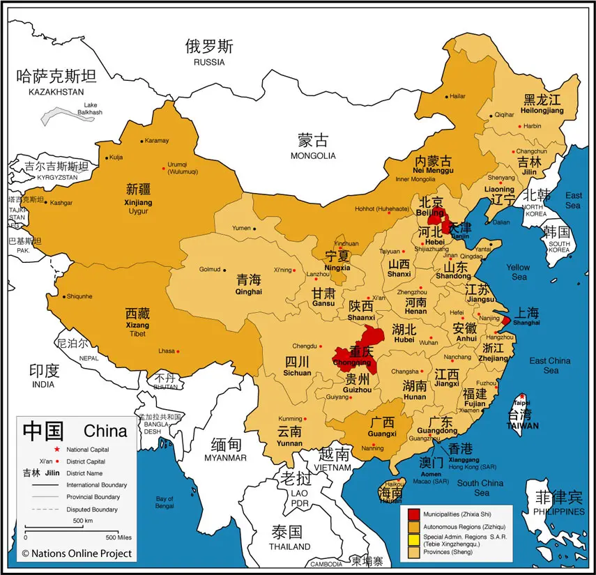 China provinces map that divides out the four different administrative divisions (provinces, municipalities, autonomous regions and SARs)