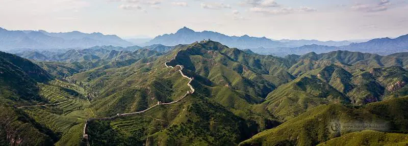 The rolling terrain on which the Great Wall of China was built.