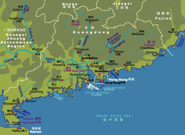 Map of Guangdong, the province where Guangzhou is located in China.