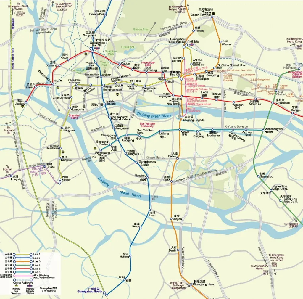 An older Guangzhou metro map overlaid on the city.
