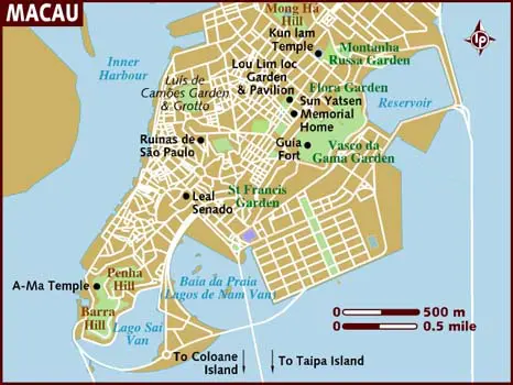 Macau travel map listing major tourist attractions