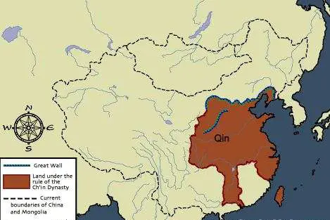 A map of China displaying the land under the rule of the Qin dynasty