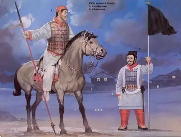 A Chinese official on a horse with another Chinese official standing on the ground with a black flag