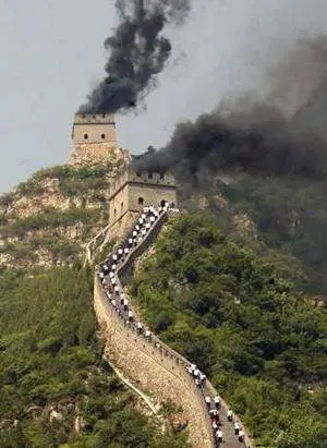 Beacon fires on the Great Wall of China