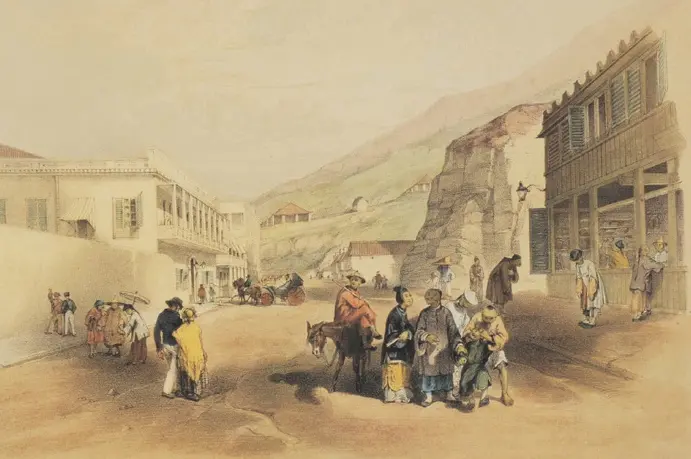 A painting of a Chinese merchant street.