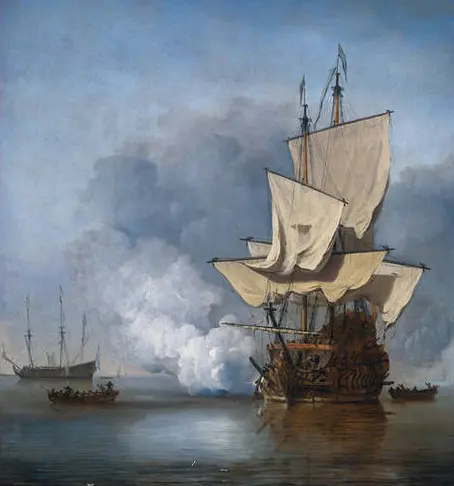 A painting of a merchant ship in the sea.