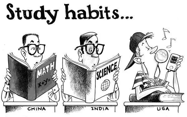 Satirical comic about the study habits of Chinese, Indian and American students