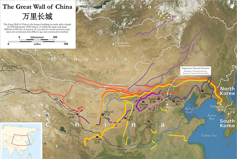 Length of the Great Wall of China on a map