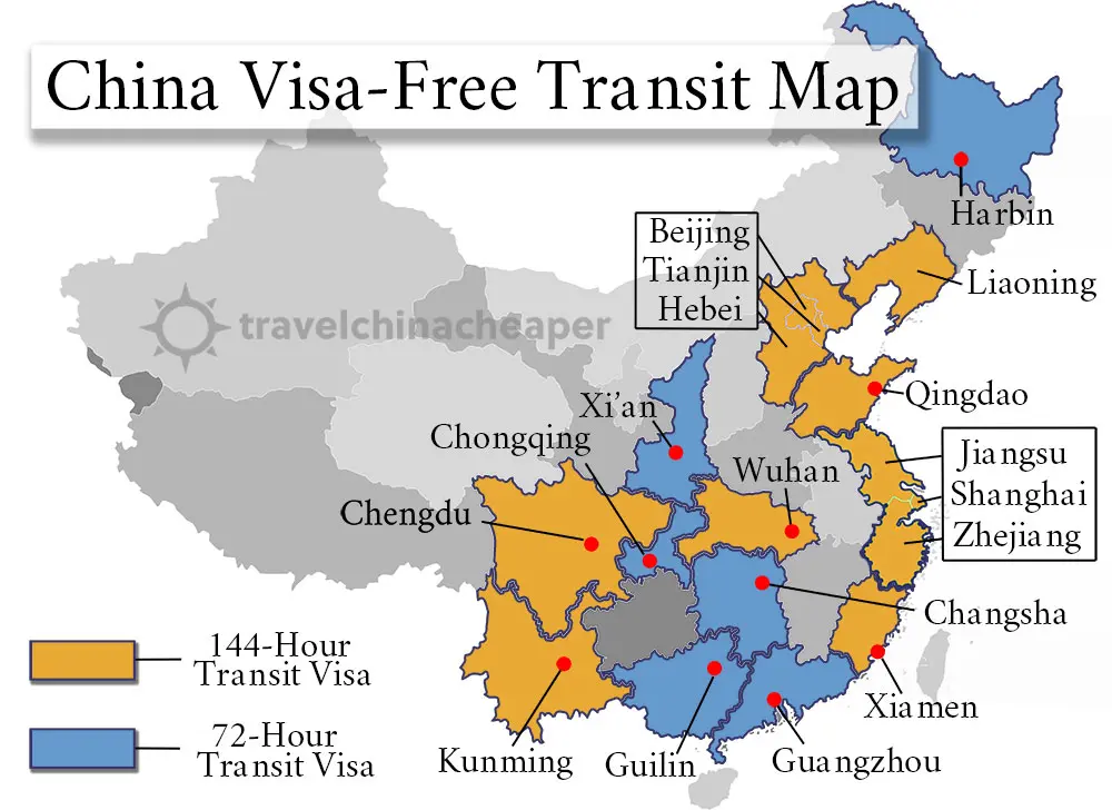 Visa-free transit map for 144-hour and 72-hour policies