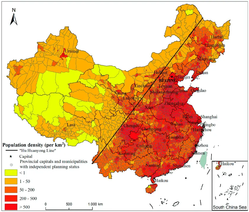 Population distribution pattern of China in 2015